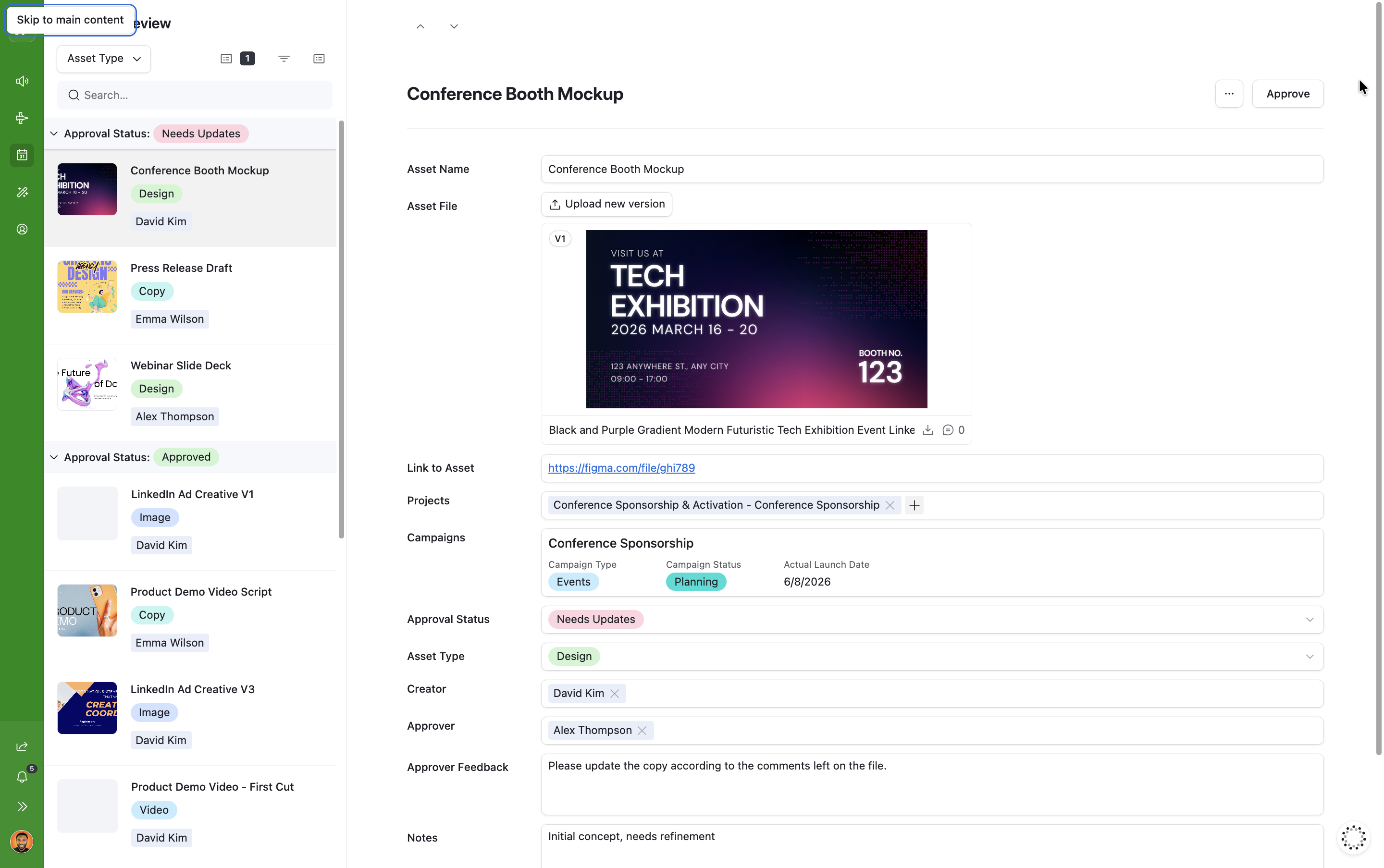 An Airtable approvals queue with creative thumbnails, review stage, and the approver for each asset
