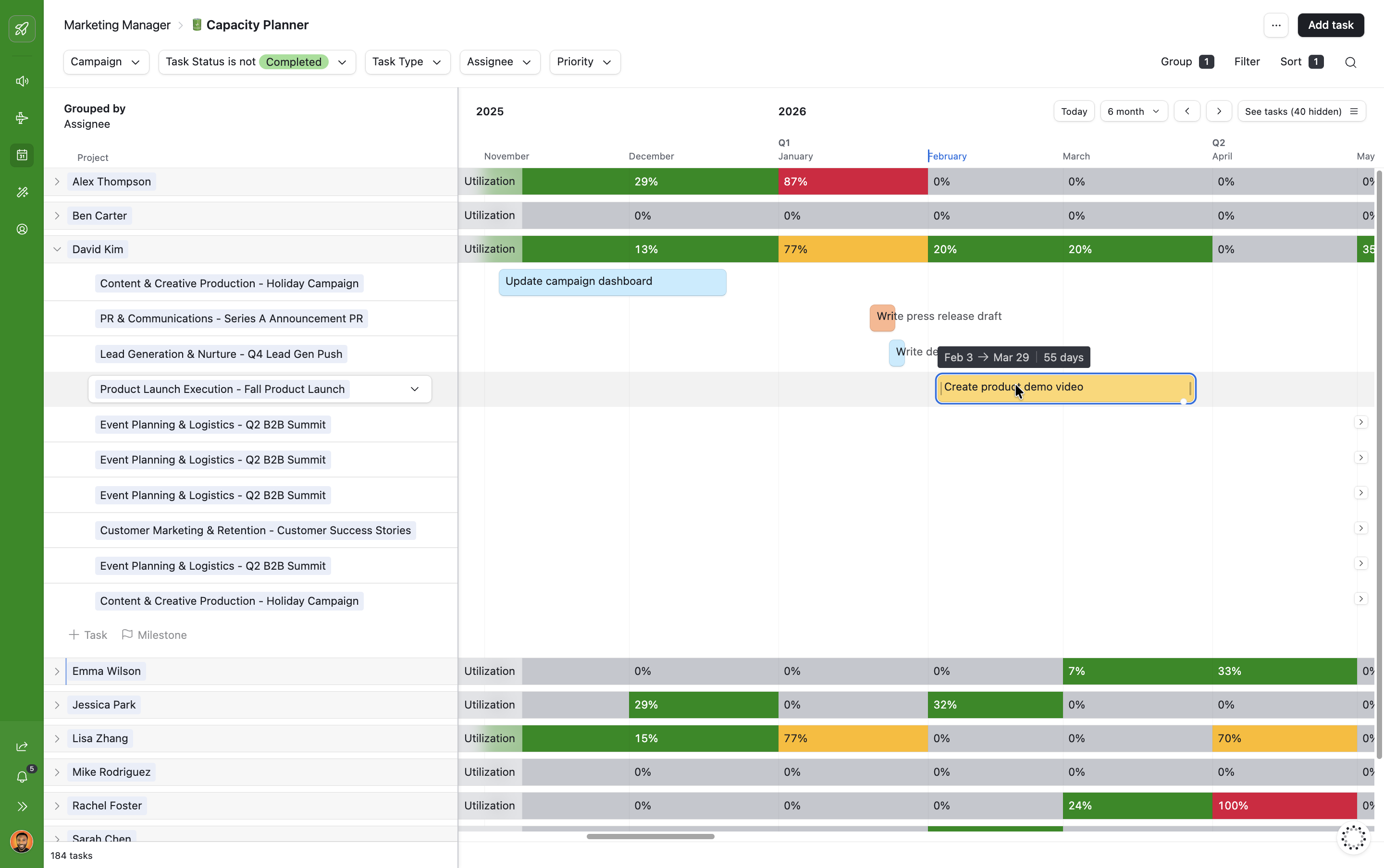 An Airtable capacity view grouped by owner, showing active work per person against their available load